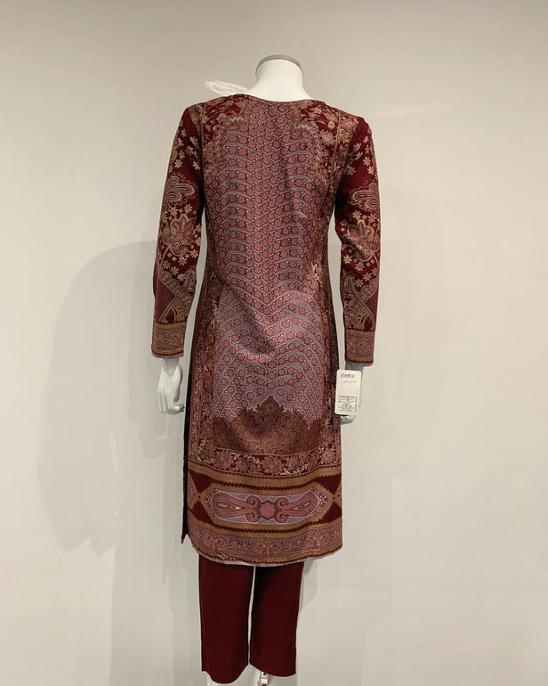 Clasico Elura Maroon Linen Block Print Suit