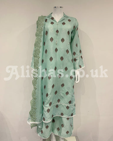 Simrans Mint Slub Linen Printed Suit
