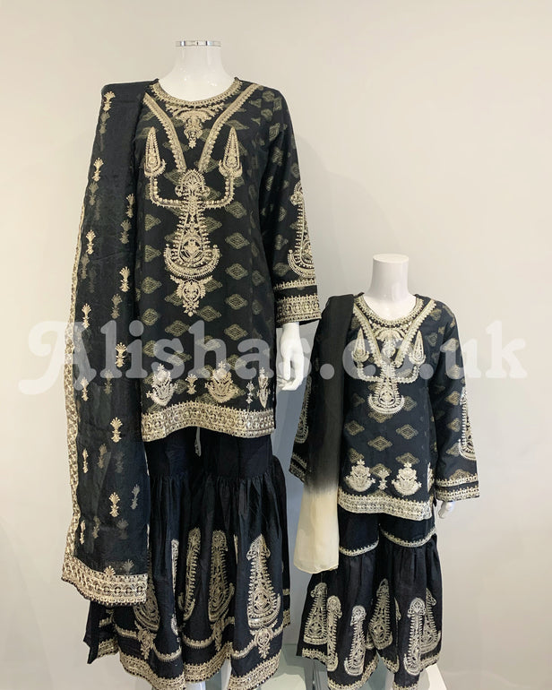 Black Ladies Designer Embroidered Cotton Printed Garara Suit