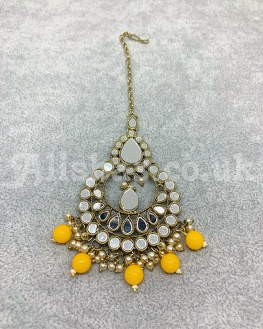 Silver Mirror Beaded Necklace Set - Mustard
