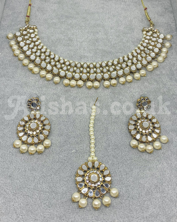 Round Floral Mirror Necklace Set - Gold/Silver