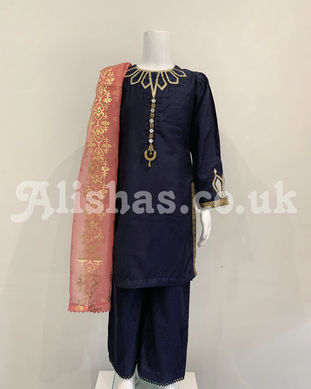 Girls Navy Viscose Embellished Kameez Suit