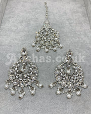 Silver Intricate Kundan and Stone Earring and Tikka Set