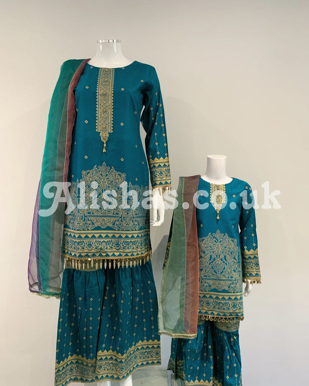 Girls Teal Block Print Garara Suit