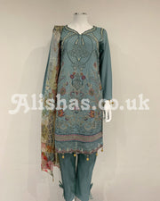 Dhanak Tiffany Blue Warm Embroidered Kameez Suit with Shawl and Dupatta
