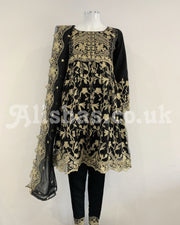 Black and Gold Net Embroidered Frock Suit