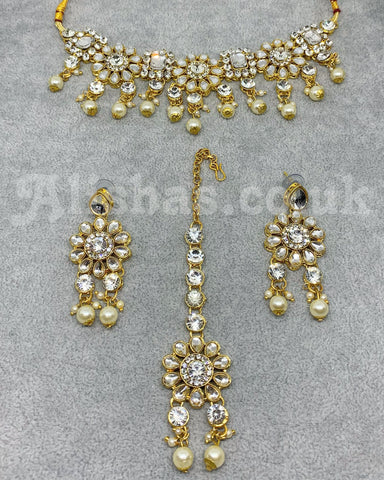 Gold Floral Stone Necklace Set - Silver
