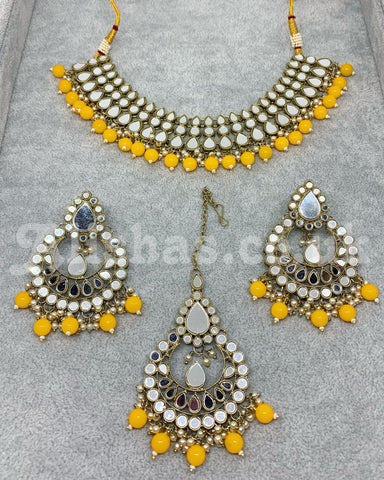 Silver Mirror Beaded Necklace Set - Mustard
