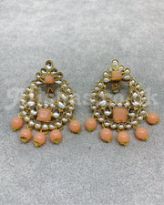 Gold Kundan Style Square Necklace Set - Peach