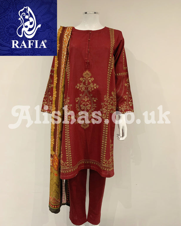 RAFIA Designer Deep Red Khaddar Embroidered Kameez Suit