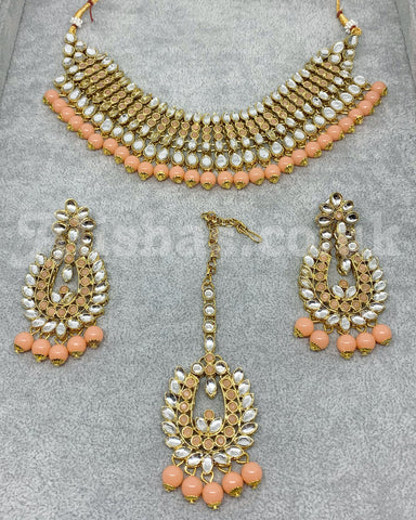 Pale Gold Base Kundan Style Beaded Necklace Set - Peach