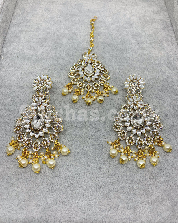 Gold Kundan and Stone Earring and Tikka Set - Silver