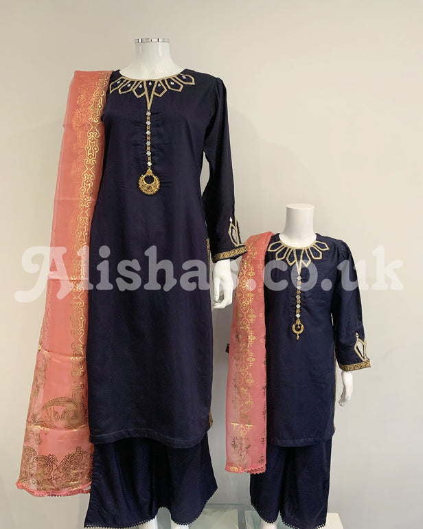 Ladies Navy Viscose Embellished Kameez Suit