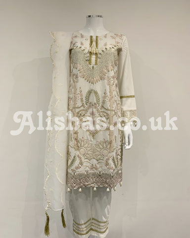 Dhanak White Warm Embroidered Kameez Suit with Shawl and Dupatta