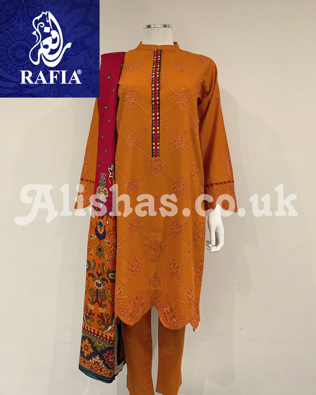 RAFIA Designer Gajar Orange Khaddar Embroidered Kameez Suit