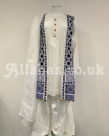 Simrans White Ladies Ajrak Jacket Kameez Suit