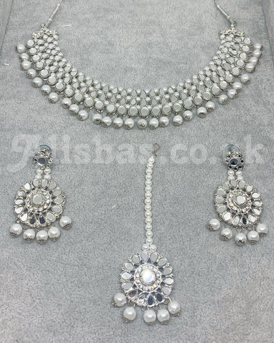 Round Floral Mirror Necklace Set - Silver