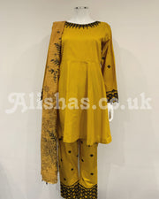 Simrans Mustard Ladies Embroidered Peplum Suit