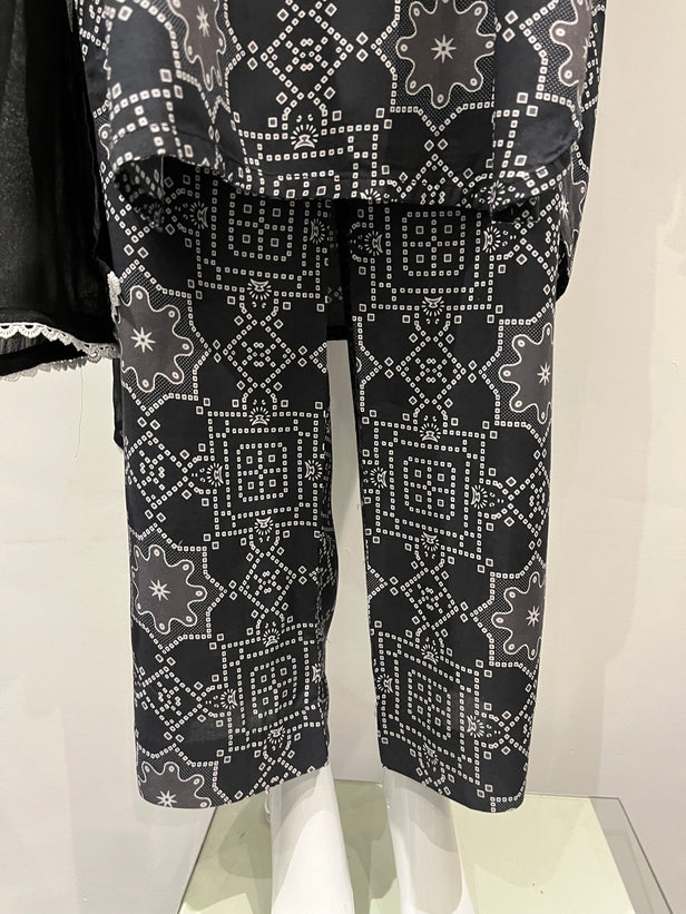 RAFIA Designer Black Ajrak Style Collar Linen Suit