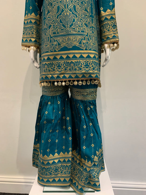 Girls Teal Block Print Garara Suit