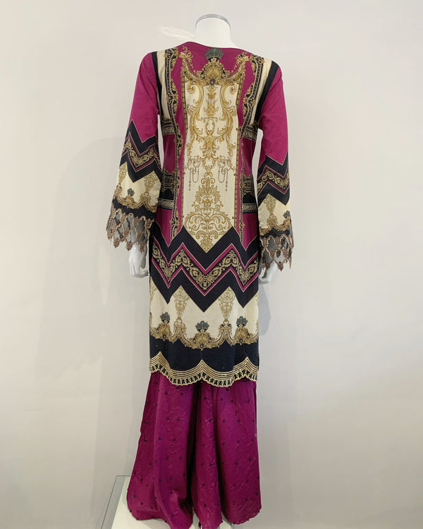 Digital Plum Lawn Kameez Garara Suit