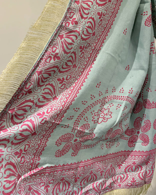 Dhanak Tiffany Blue Warm Embroidered Kameez Suit with Shawl and Dupatta