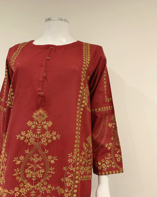 RAFIA Designer Deep Red Khaddar Embroidered Kameez Suit