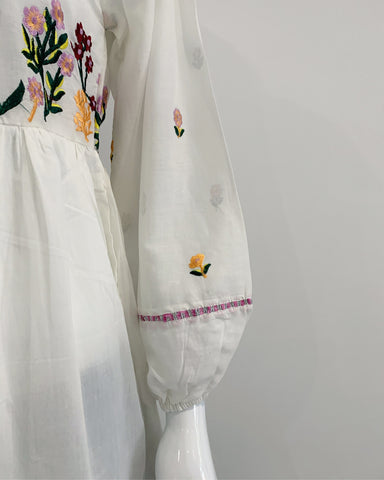 White Cotton Peplum Kurta with Embroidered Jeans 2 Pc