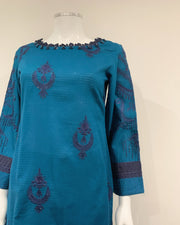 RAFIA Designer Fancy Jacquard Jade Blue Contrast Kameez Suit