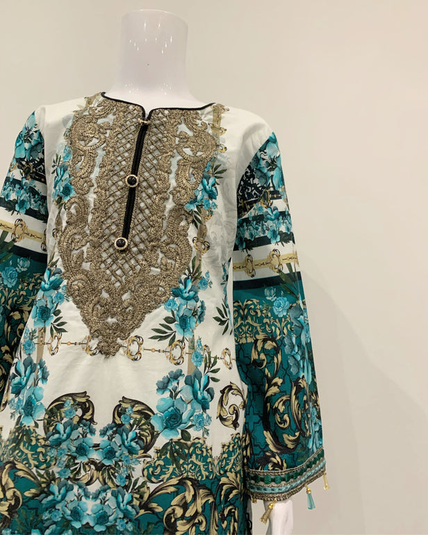 Girls Designer Aqua Floral Kameez Suit