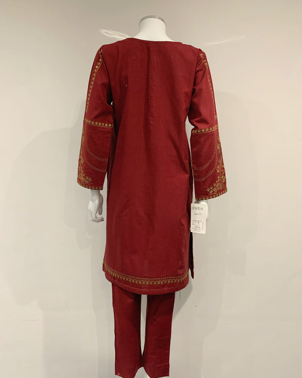 RAFIA Designer Deep Red Khaddar Embroidered Kameez Suit