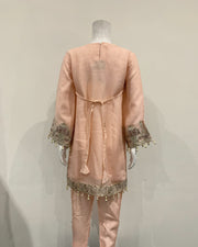 Girls Peach Fancy Chiffon Embroidered Kameez Suit