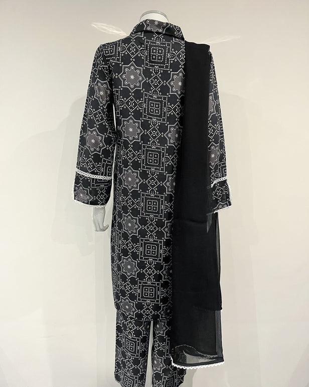 RAFIA Designer Black Ajrak Style Collar Linen Suit