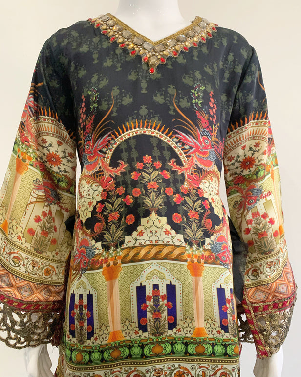 Premium Black Silk Girls Embezzled Frock Suit