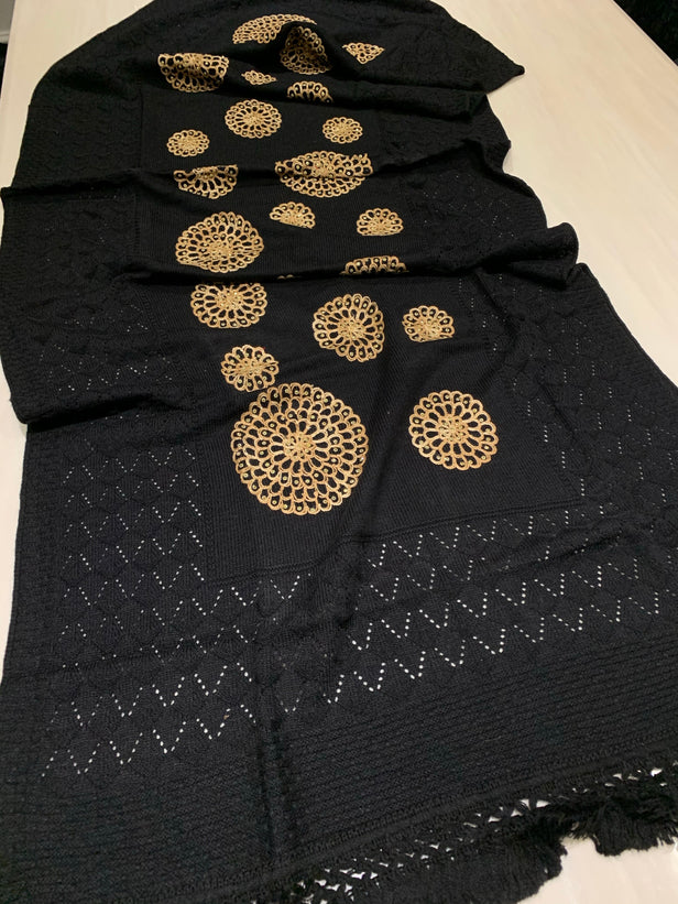 Wool Embroidered Shawl - Black