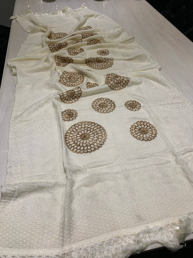 Wool Embroidered Shawl - Off White