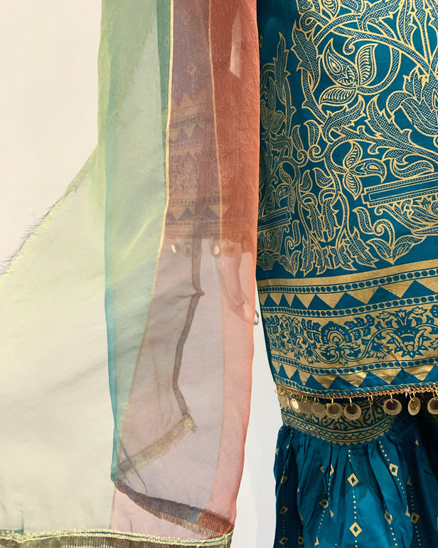 Girls Teal Block Print Garara Suit