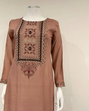 Simrans Burnt Orange Embroidered Ajrak Linen Flary Pants Suit