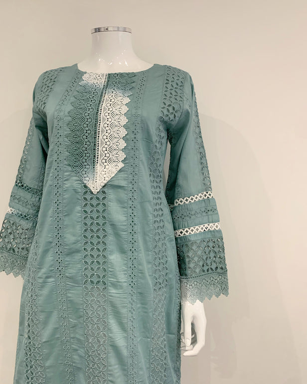 Simrans Turquoise Chikankari Cotton Lace Kurta