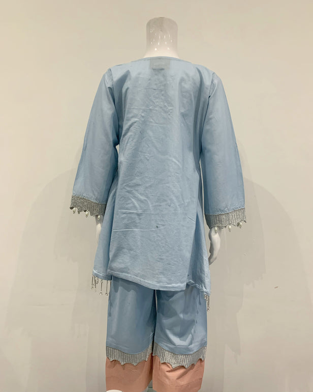 Simrans Pale Blue Girls Embroidered Peplum Suit