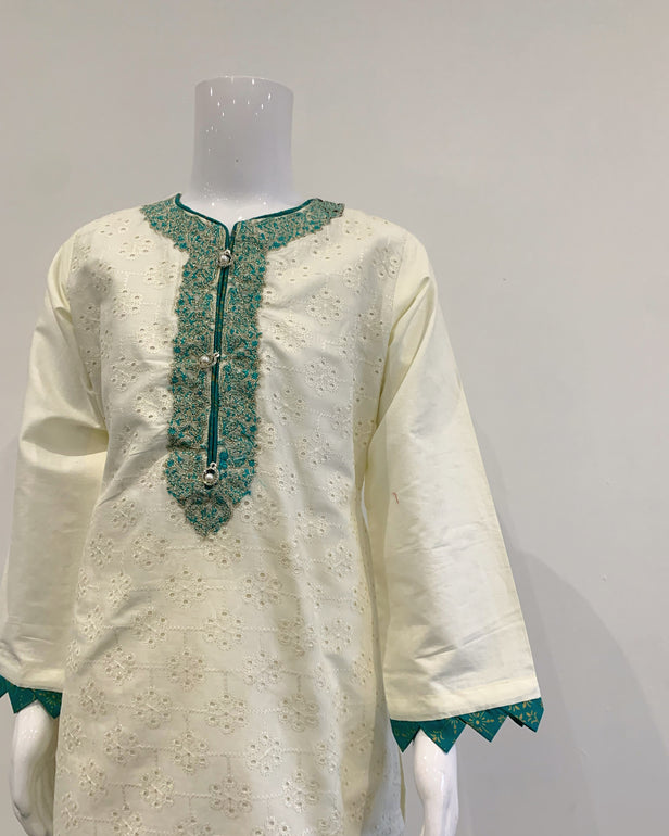 Girls White Contrast Chikan Kameez Suit
