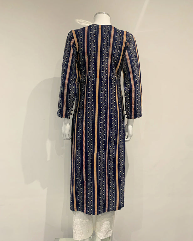 Simrans Navy Contrast Block Print Long Print Kurta