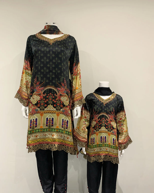 Premium Black Silk Girls Embezzled Frock Suit