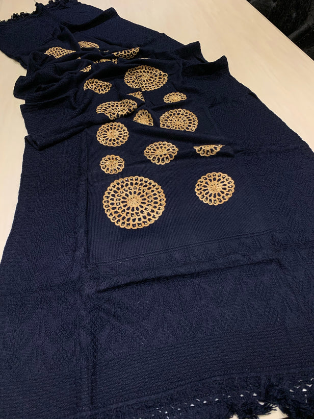 Wool Embroidered Shawl - Navy Blue
