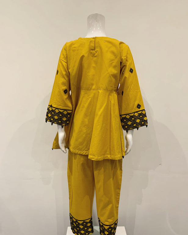 Simrans Mustard Girls Embroidered Peplum Suit