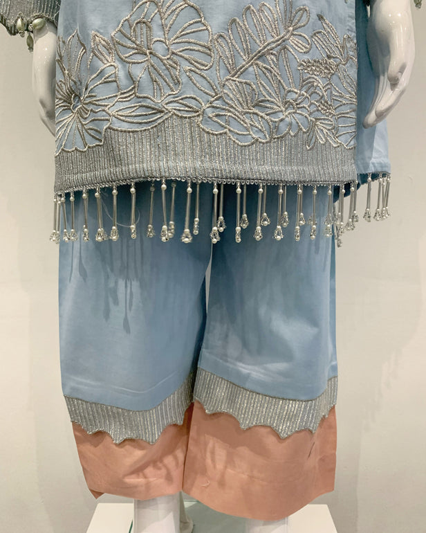 Simrans Pale Blue Girls Embroidered Peplum Suit