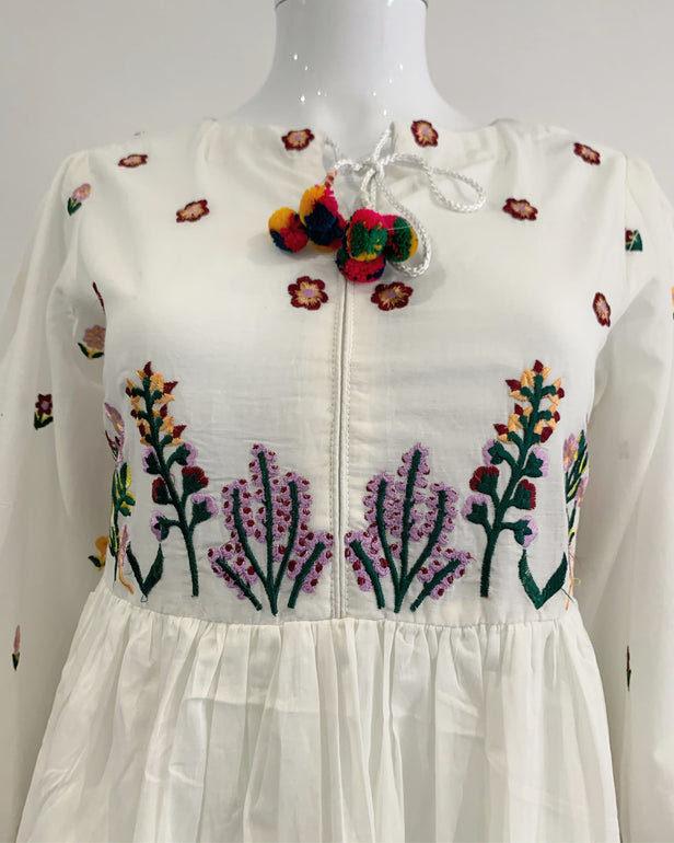 White Cotton Peplum Kurta with Embroidered Jeans 2 Pc