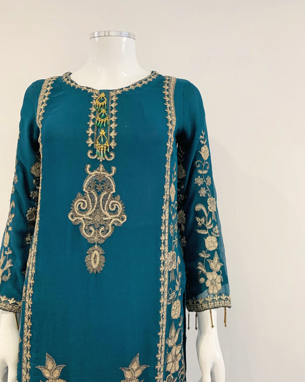 Teal Embroidered Sharara Suit