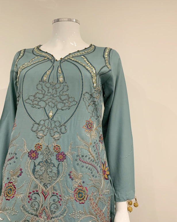 Dhanak Tiffany Blue Warm Embroidered Kameez Suit with Shawl and Dupatta