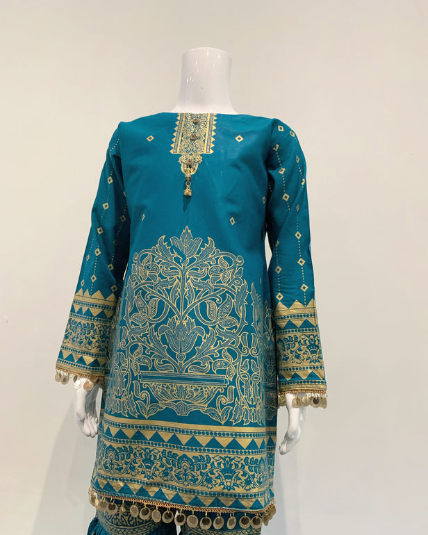 Girls Teal Block Print Garara Suit